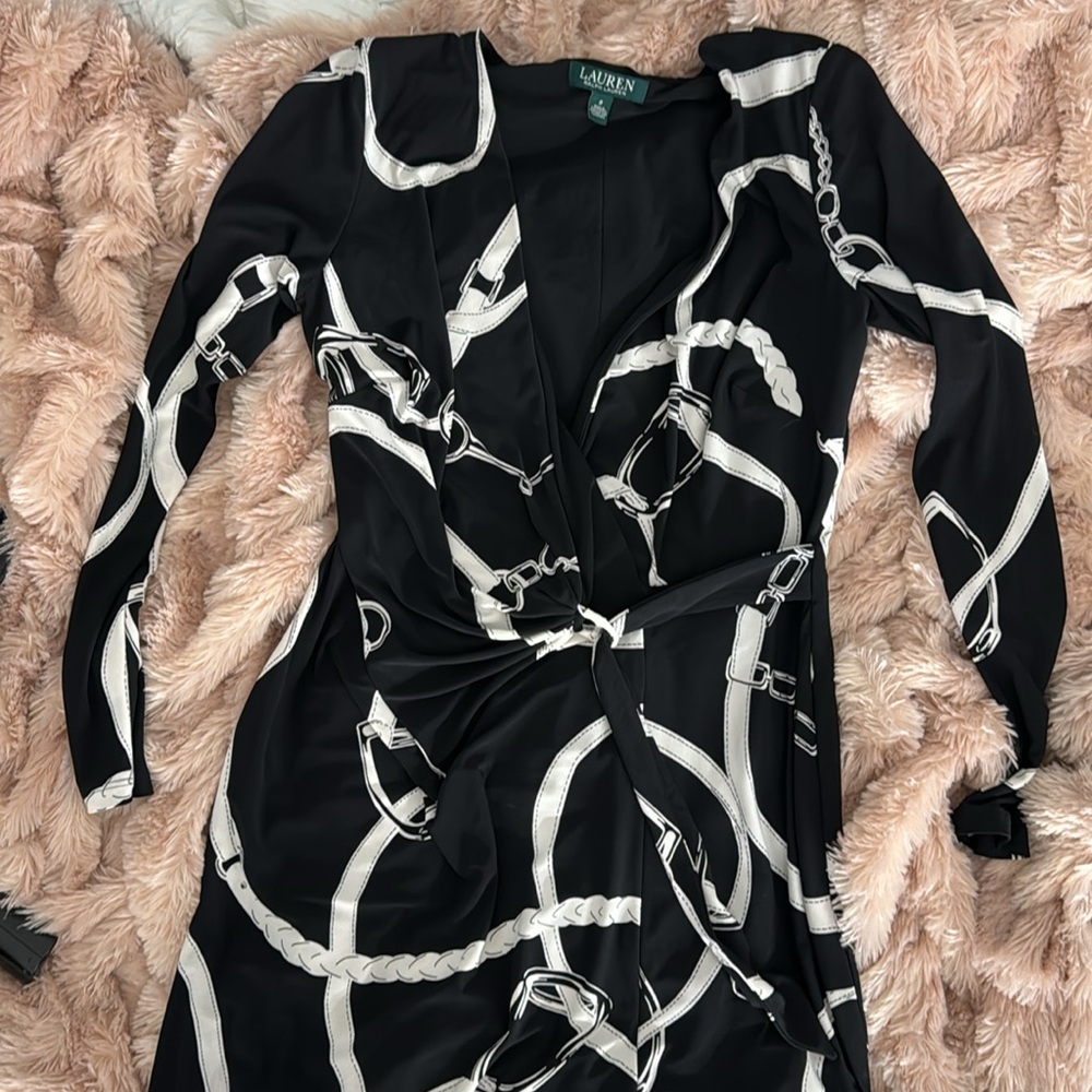 Lauren Ralph Lauren By Ralph Lauren Black & White Chain Print Dress.